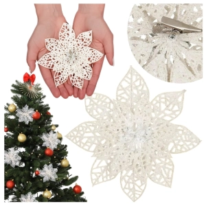 Gwiazda betlejemska z klipsem biała z brokatem 15cm