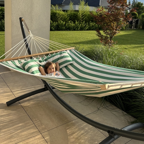 Duży hamak dwuosobowy biało-zielony XXL 200 x 150 cm – zdjęcie 2