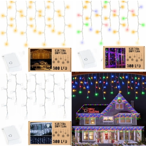 Lampki kurtyna światełka łańcuch świąteczne zewnętrzne sople 300 LED 12m