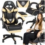 Fotel gamingowy z masażem i podnóżkiem Legendary – czarno-beżowy