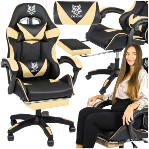 Fotel gamingowy  z masażem i podnóżkiem LEGENDARY czarno-beżowy dla chłopaka