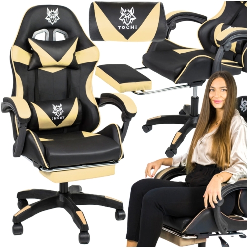 Fotel gamingowy z masażem i podnóżkiem LEGENDARY czarno-beżowy dla chłopaka