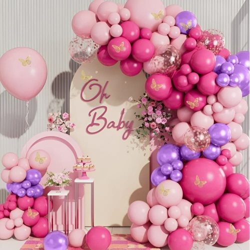 Girlanda balonowa motyle różowy fiolet balony na urodziny roczek XXL 133 szt – zdjęcie 2
