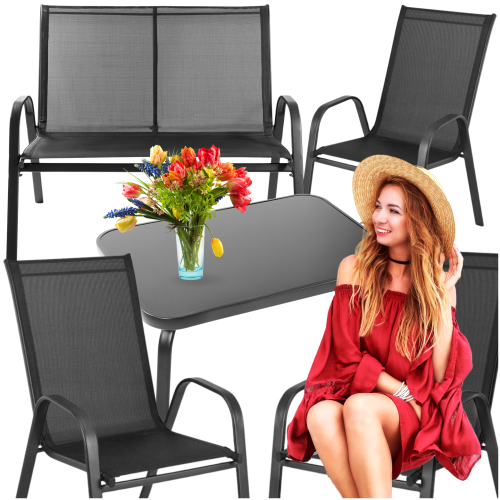 Meble ogrodowe czarne zestaw stół + sofa + 2 krzesła | GoGarden