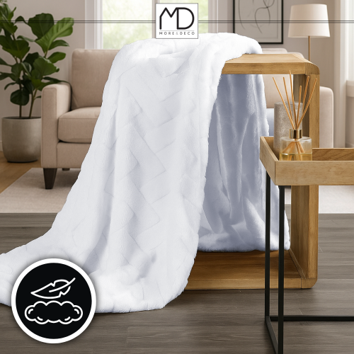 Koc pled 200×220 cm pled narzuta 340g/m² biała tłoczona jodełka More&Deco – zdjęcie 2