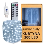 Kurtyna świetlna biała zimna 300 LED 3x2,5m na okno 8 trybów pilot