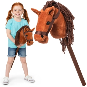 Hobby horse głowa konia na kiju dźwięk pluszowy brązowy miękki grzywa galop