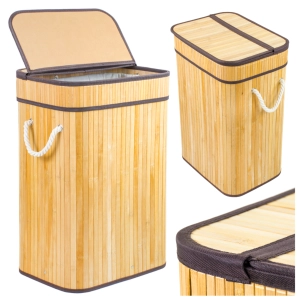 Składany kosz pojemnik na pranie bieliznę z pokrywą bambusowy drewniany 80l