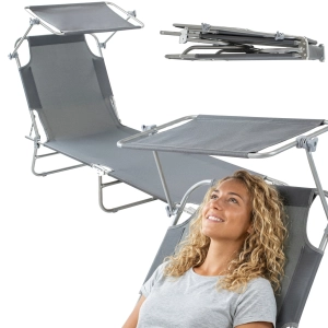 Leżak plażowy ogrodowy składany z daszkiem basenowy do opalania łóżko szare