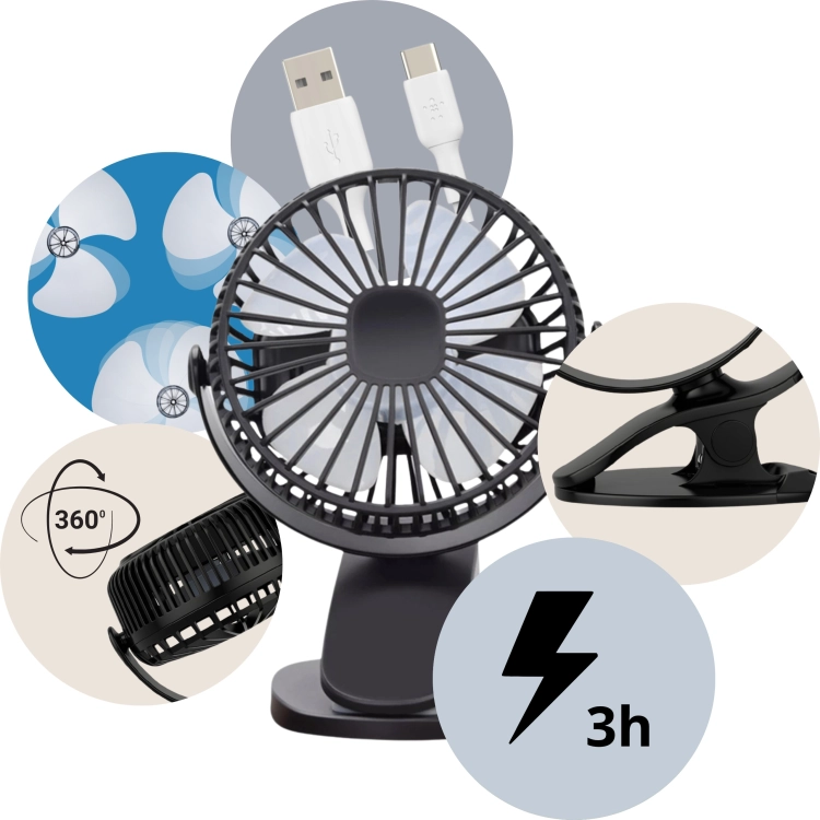 Wentylator z klipsem mini wiatraczek ładowany usb mobilny czarny biurkowy |Sandos – zdjęcie 8