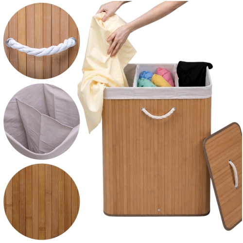 Kosz na pranie bambusowy trzykomorowy beż 100 l | More&Deco