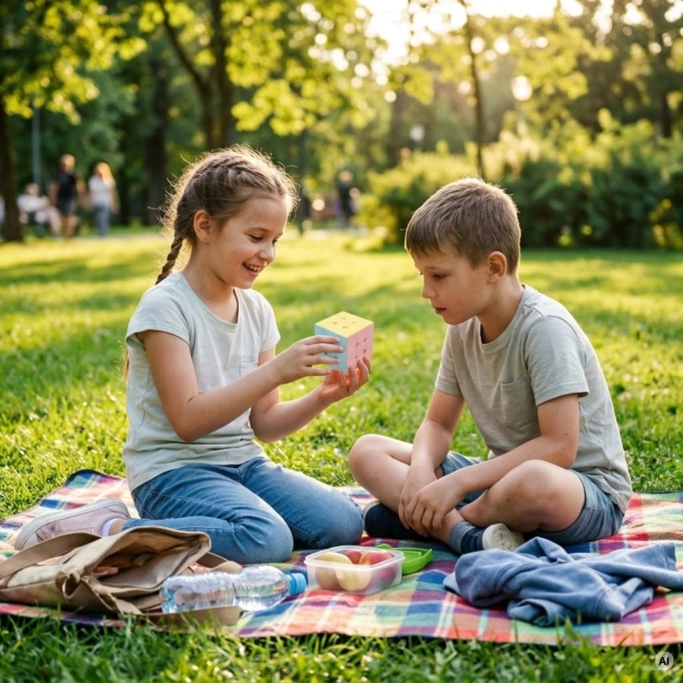 Dzieci układające kostkę 3x3 na pikniku w parku