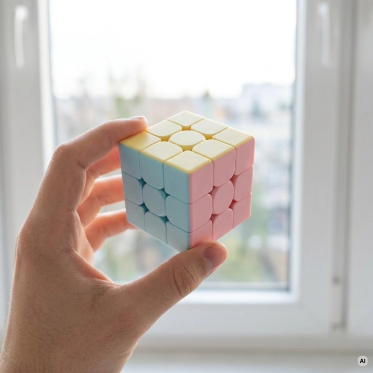 Kompaktowa kostka 3x3 trzymana w dłoni przy oknie