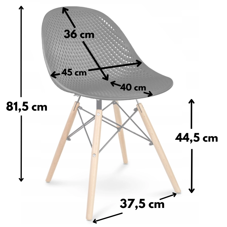 Wymiary krzesła – wysokość 81,5 cm, szerokość 45 cm, oparcie 36 cm, nogi 44,5 cm