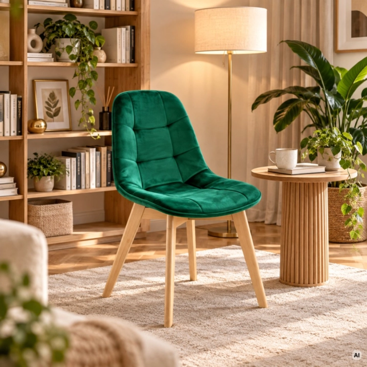 Zielone krzesło tapicerowane w salonie obok stolika kawowego