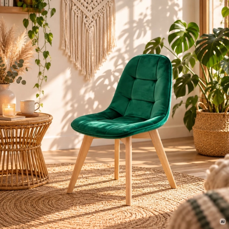 Zielone krzesło welurowe w aranżacji boho