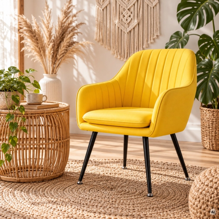 Żółty fotel w aranżacji boho z rattanowym stolikiem