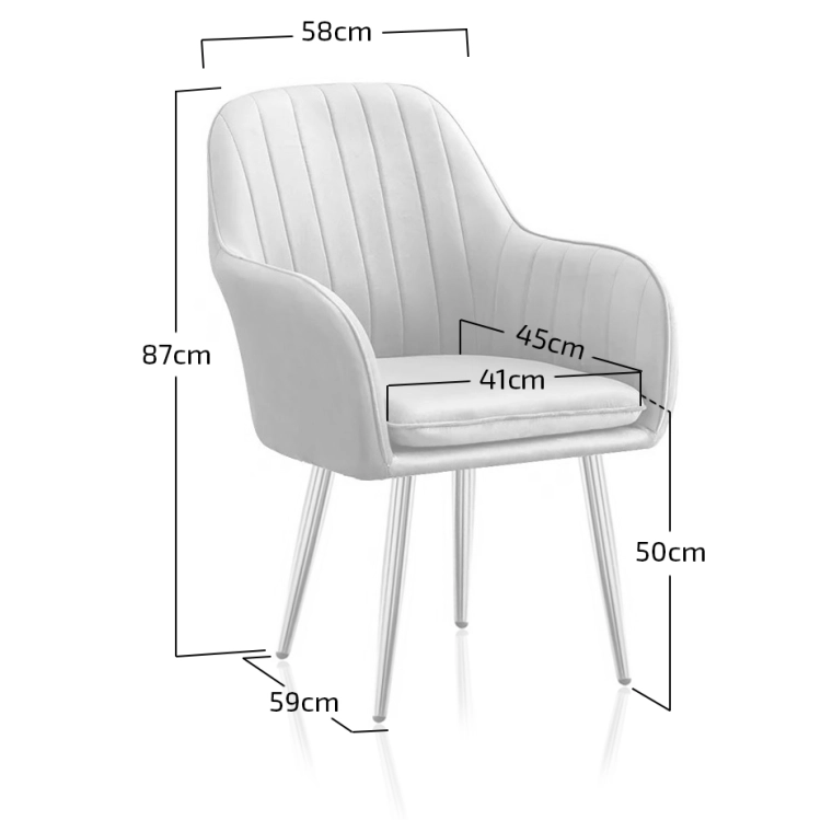 Wymiary fotela – wysokość 87 cm, szerokość 58 cm, głębokość 59 cm, wysokość siedziska 50 cm