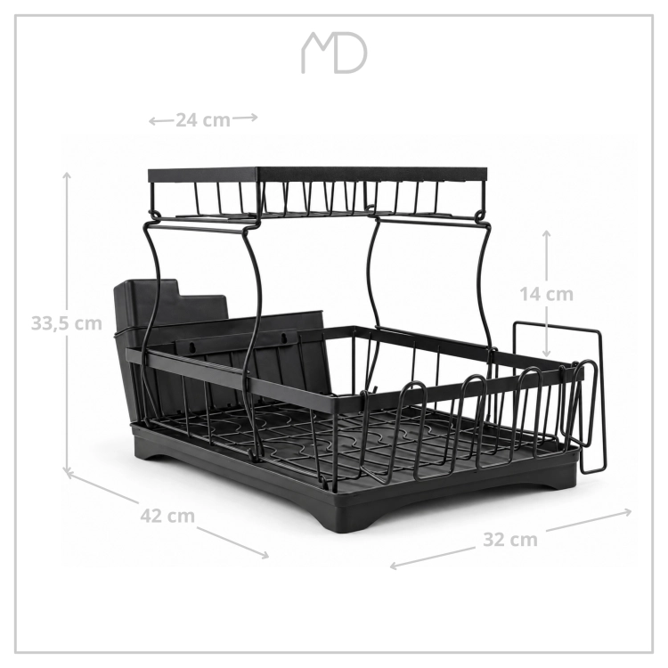 Wymiary suszarki do naczyń – 42 × 32 cm, wysokość 33,5 cm, górny poziom 24 cm