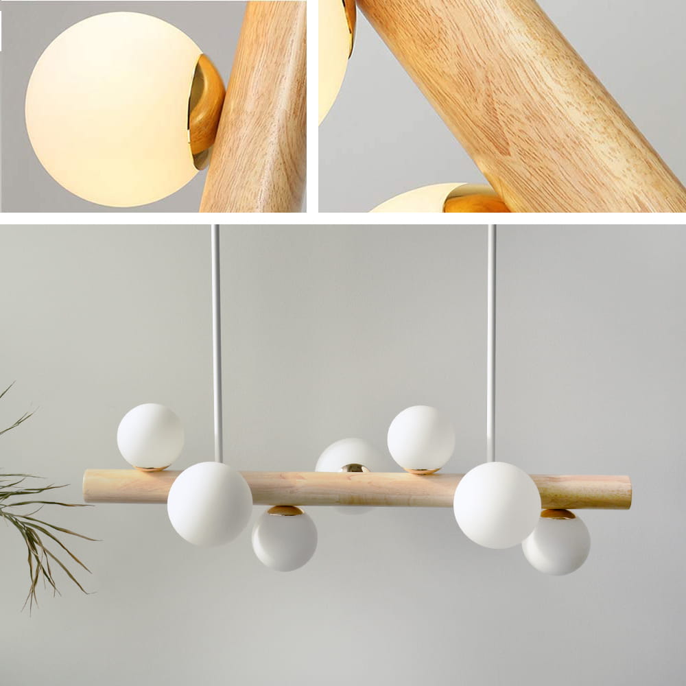Lampa wisząca drewniana z kulami szklanymi