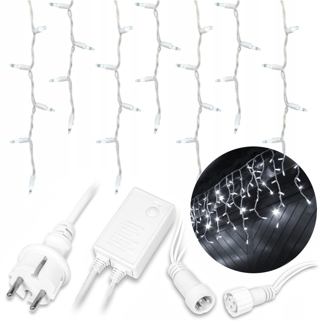 Lampki świąteczne zewnętrzne sople 300 LED, 12 m – grube przewody