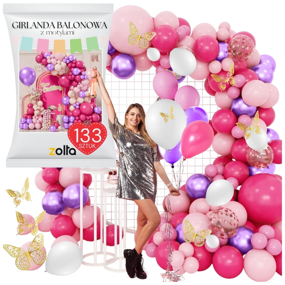 Girlanda balonowa motyle różowy fiolet balony na urodziny roczek XXL 133 szt