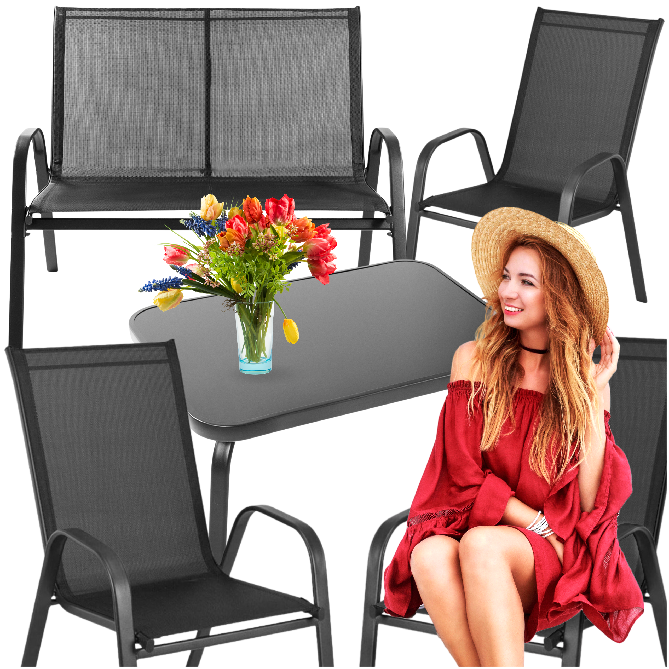 Meble ogrodowe czarne zestaw stół + sofa + 2 krzesła | GoGarden