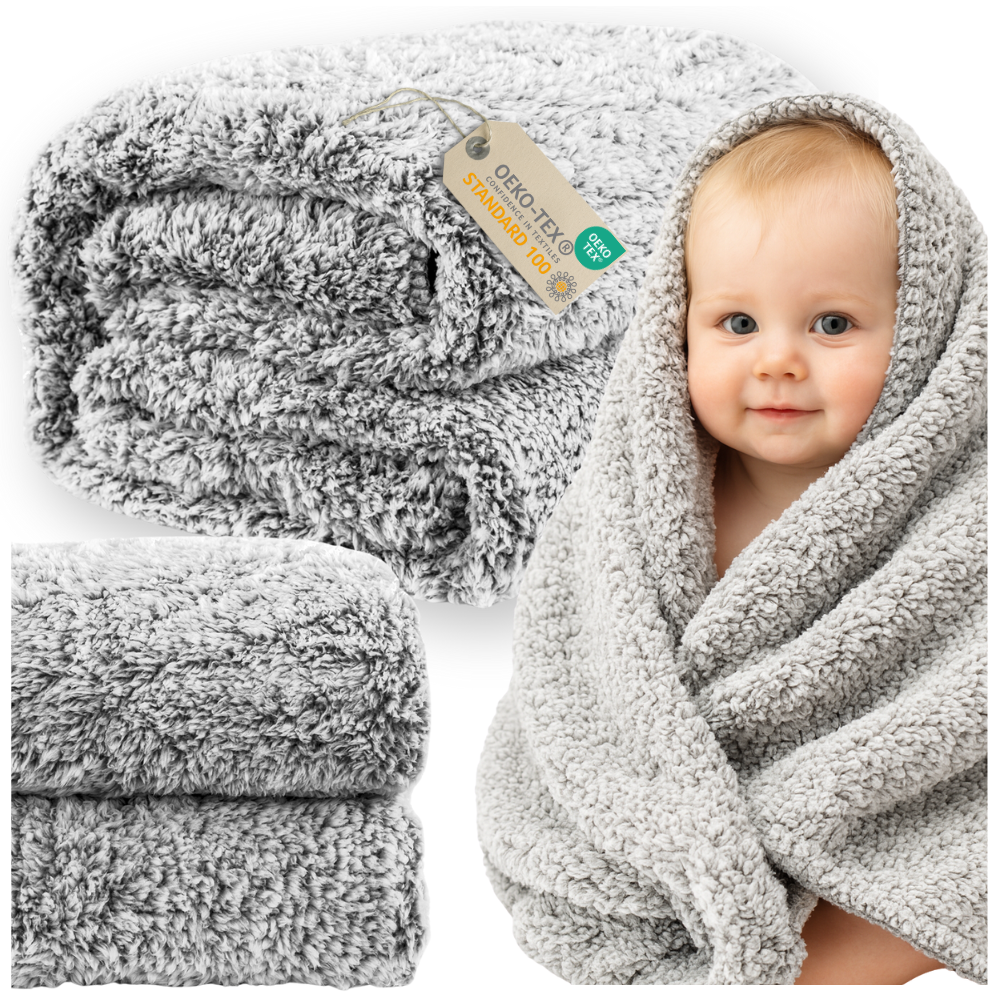 Koc sherpa 200×220 cm narzuta szary melanż 250g/m² dłuższy włos mięsisty