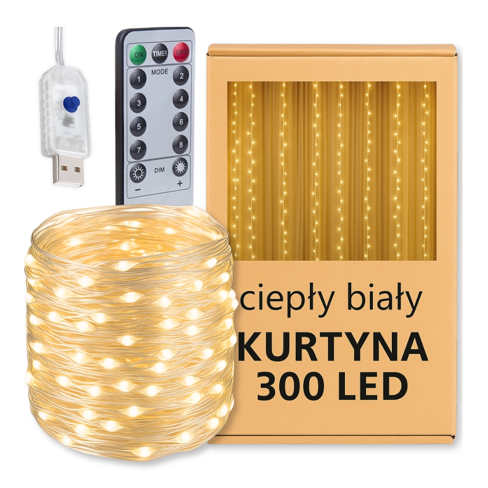 Kurtyna świetlna biała ciepła 300 LED 3x2,5m na okno 8 trybów pilot