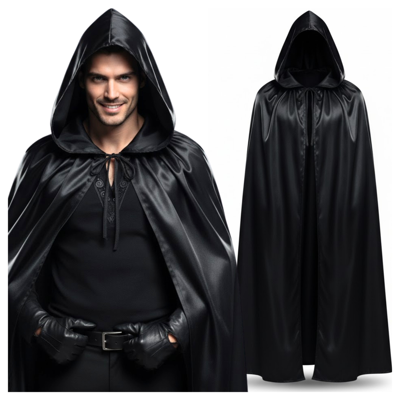 Czarna peleryna z kapturem – kostium na Halloween, bal, cosplay
