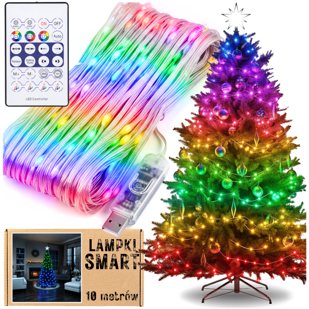 Lampki choinkowe 100 LED taśma USB inteligentne smart 10m multicolor +pilot