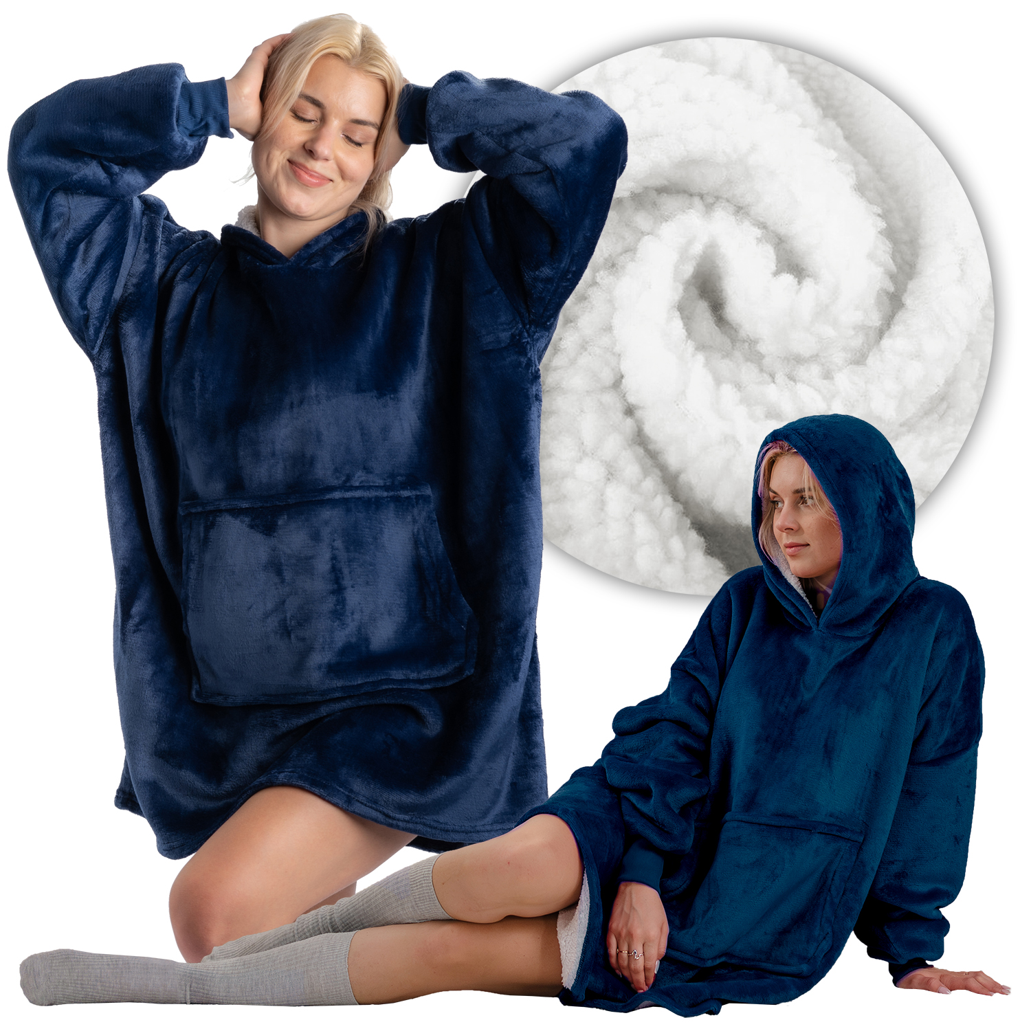 Koc bluza kocobluza gruba oversize z kapturem 2w1 granatowa prezent wygodny