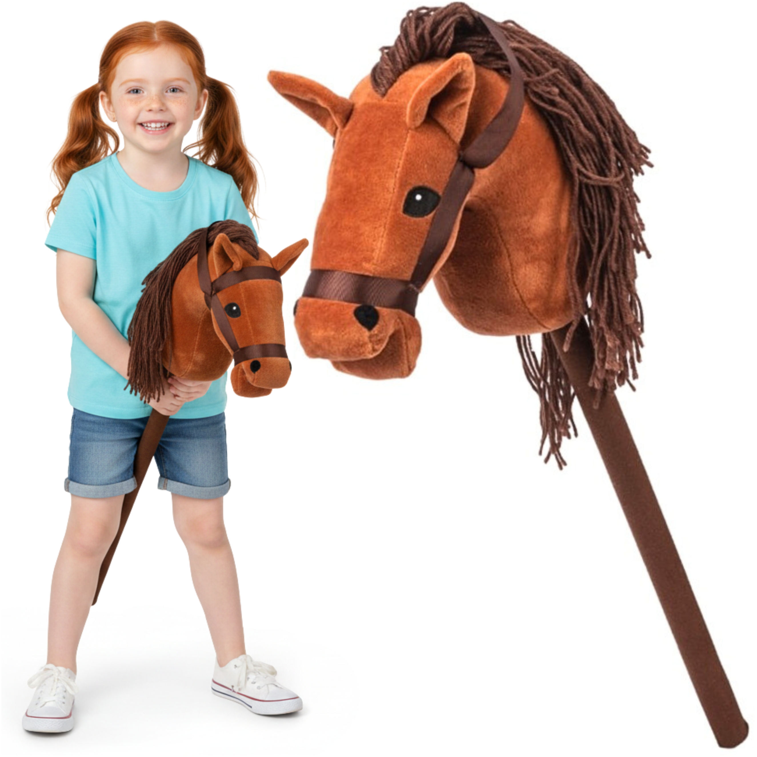 Hobby horse głowa konia na kiju dźwięk pluszowy brązowy miękki grzywa galop