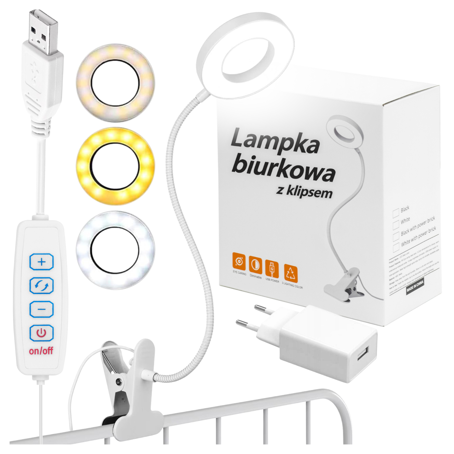 Lampka biurkowa z klipsem biała