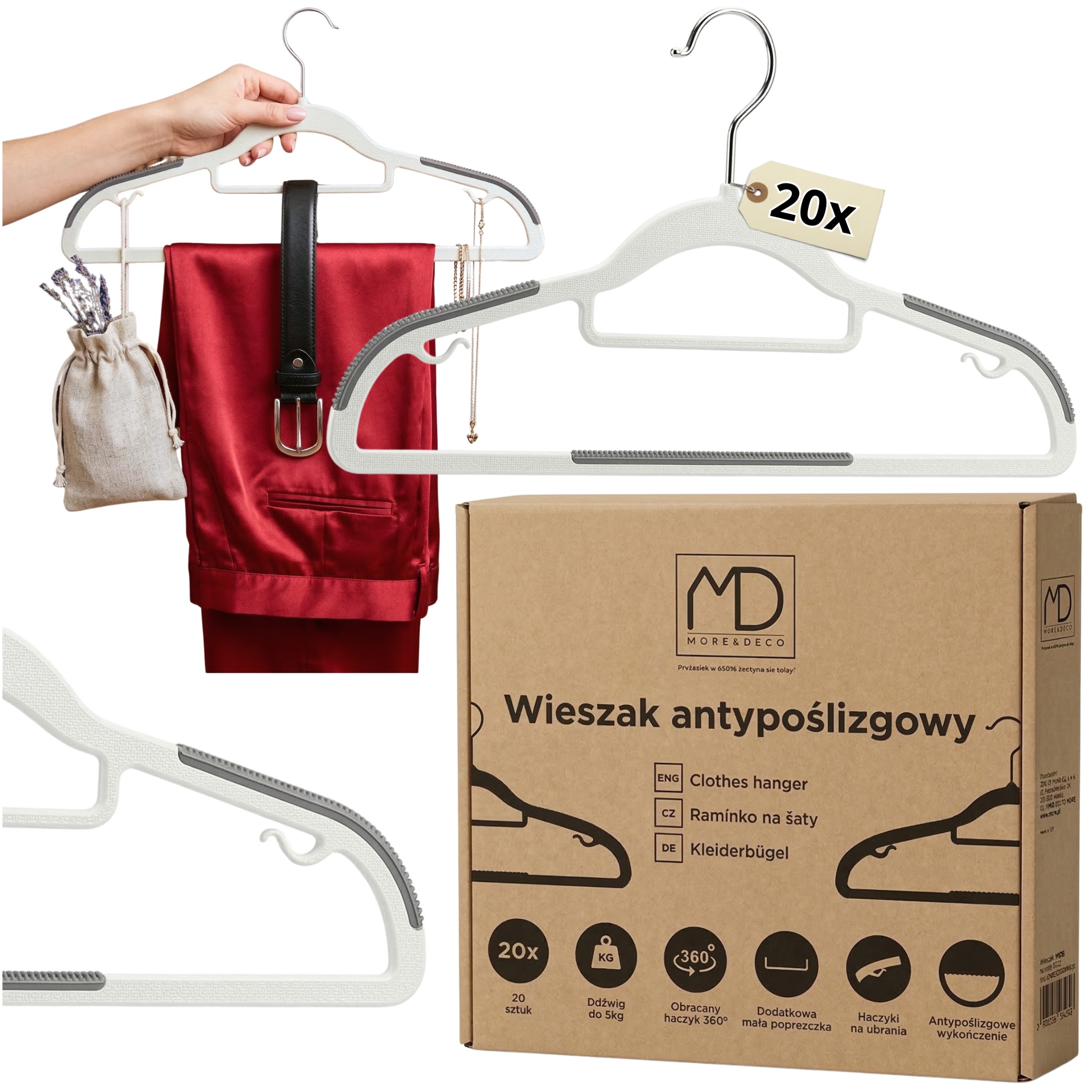 Wieszaki antypoślizgowe na ubrania, mocne wieszaki welurowe premium do szafy - 20 szt.