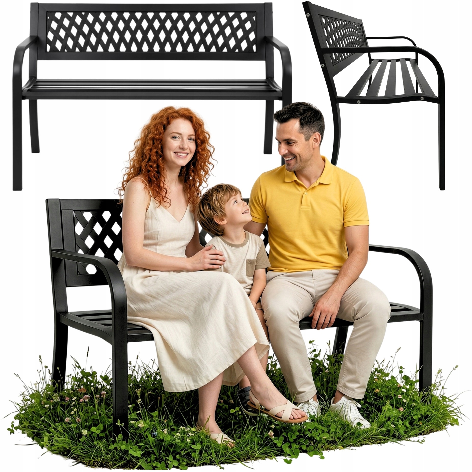 Ławka ogrodowa metalowa ławeczka 120 cm 3 osobowa parkowa czarna cmentarna z oparciem