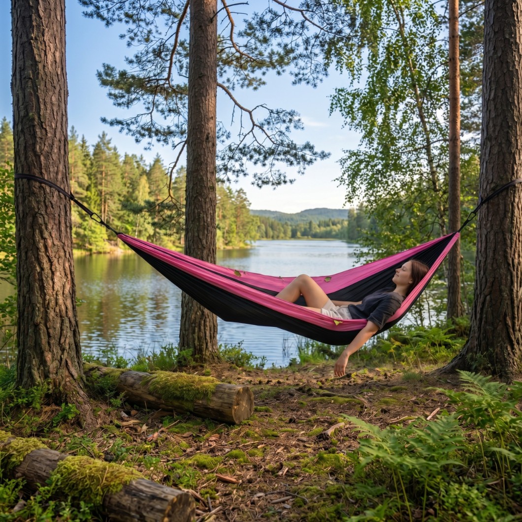 Hamak turystyczny dwuosobowy XXL 260 × 140 cm z nylonu z workiem – zdjęcie 3