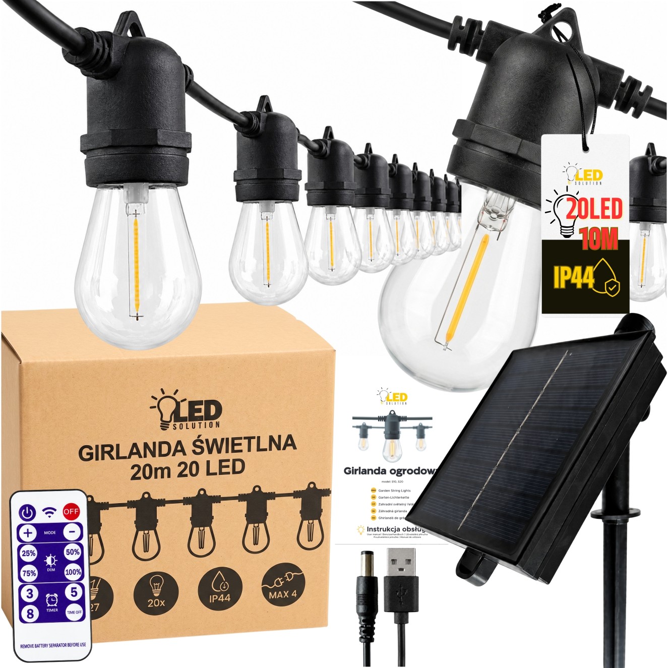 Girlanda ogrodowa solarna 20m 20 LED E27 IP44 | LedSolution
