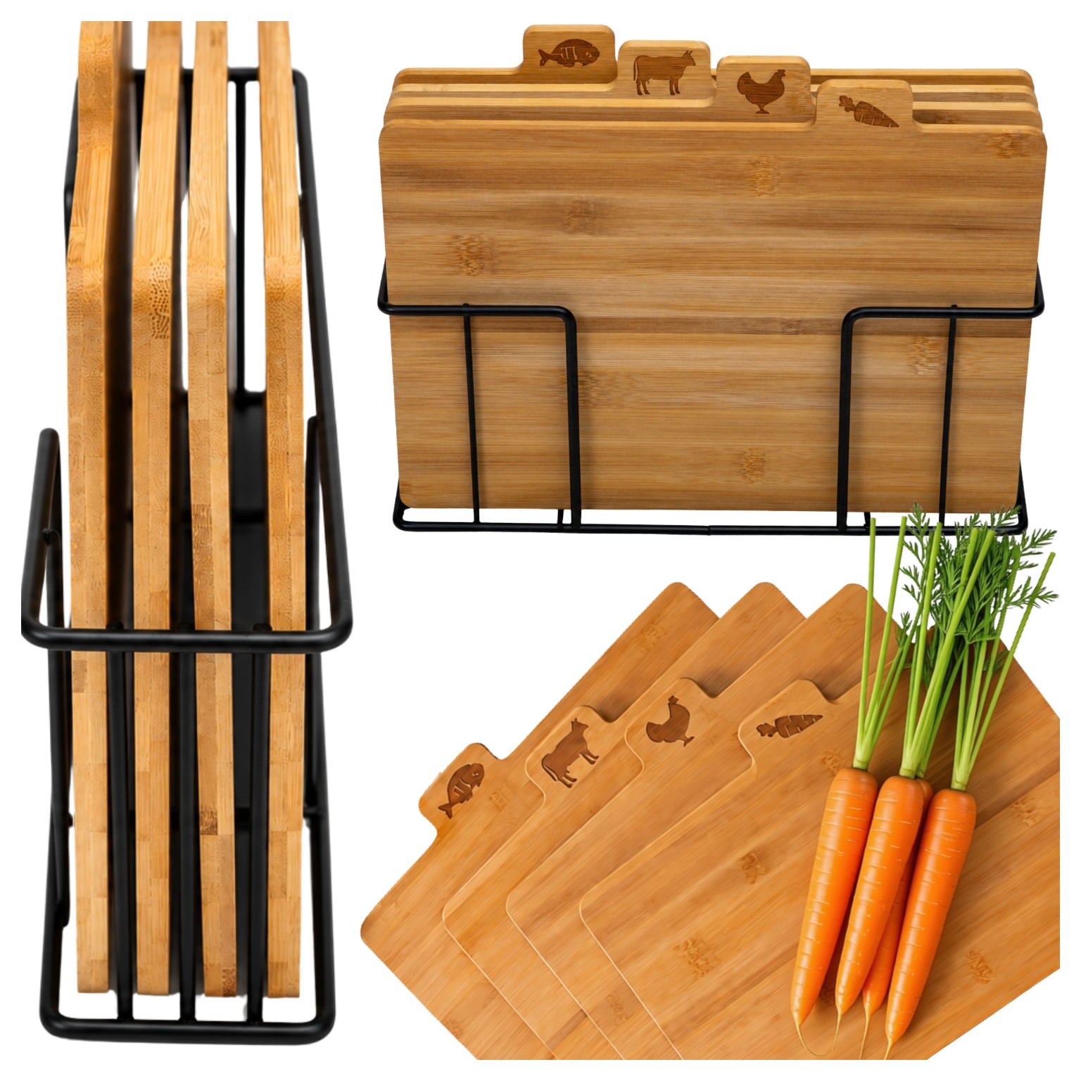 Zestaw bambusowych desek do krojenia 4 szt. ze stojakiem | MORE&DECO